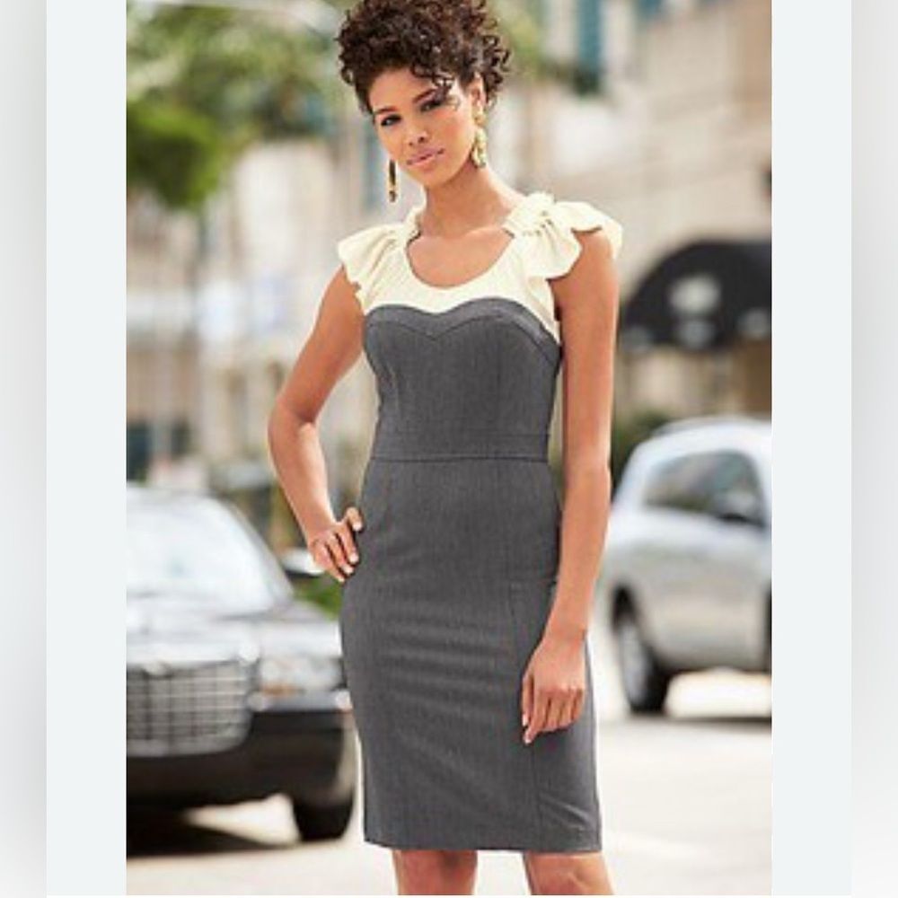 Rebecca Taylor Gray Cream Wool Silk‎ Combo Sheath Dress Sweetheart Front Size 0